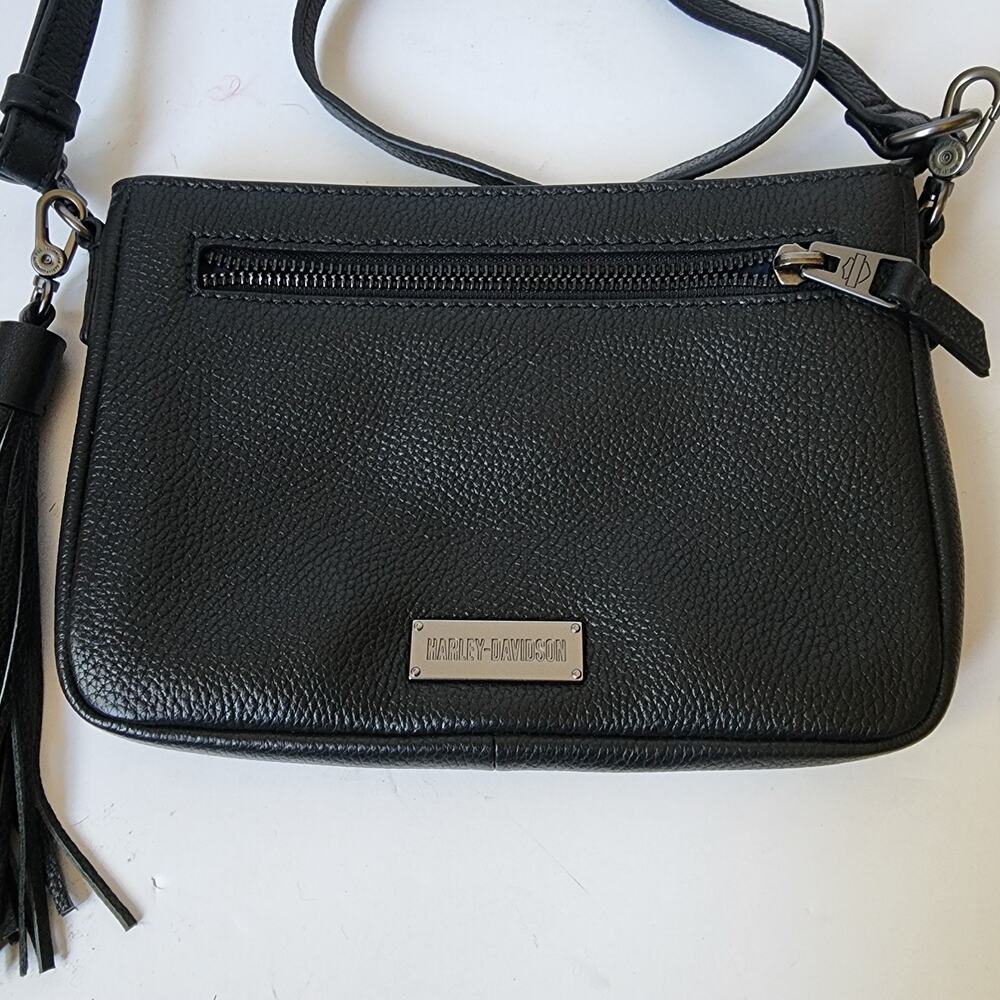 Harley Davidson Purse Crossbody Shoulder Hip Bag Handbag Black Leather Tassel - Picture 2 of 16